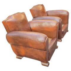 Pair of 1930's French Art Deco Cognac Leather Club Chairs