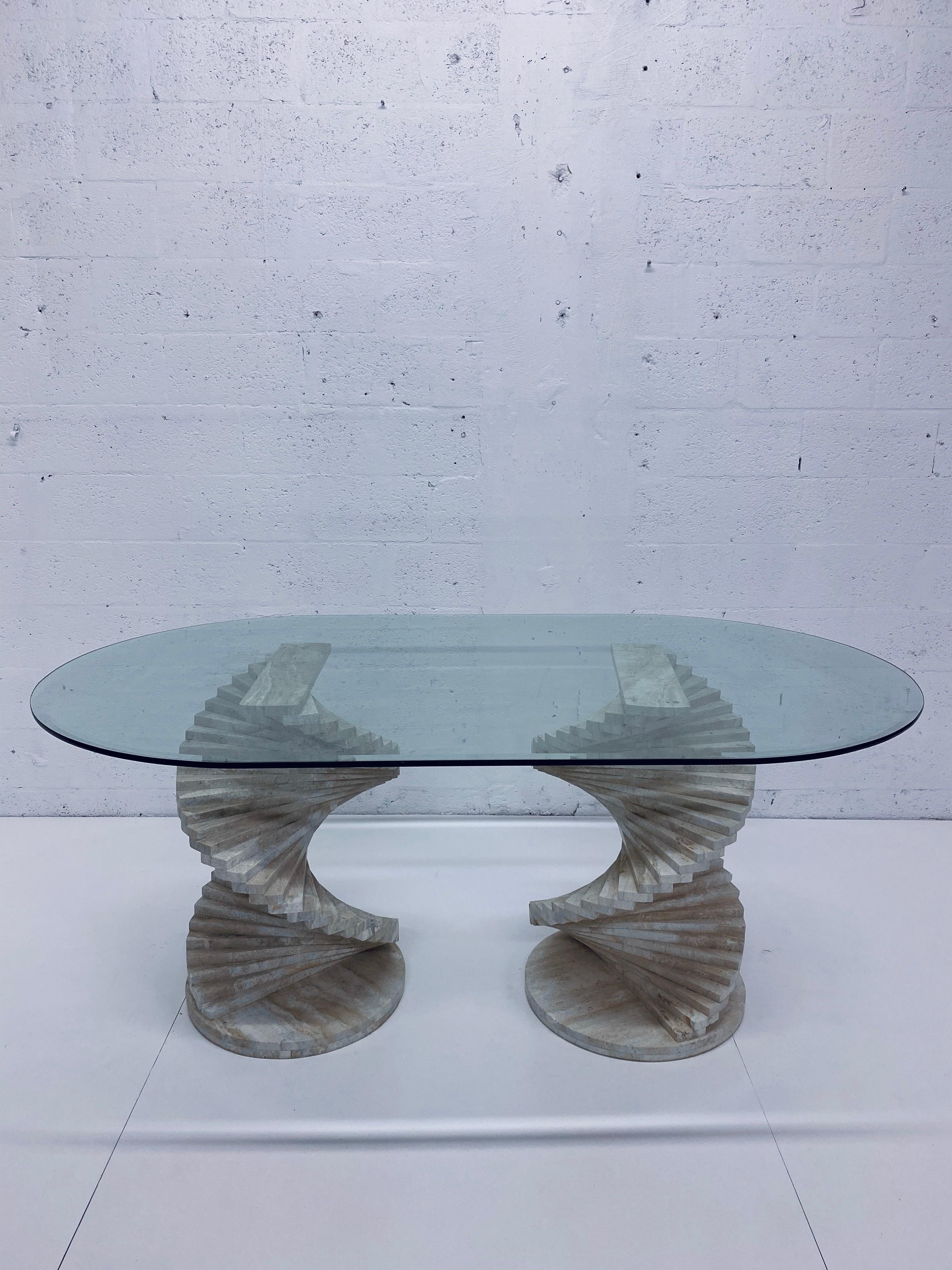 Stacked polished travertine blocks made in spiral rotation dining or center table with glass top from Italy, 1970s. Oval glass top is included or have your own glass custom made for your space.

Individual base dimensions:
W19