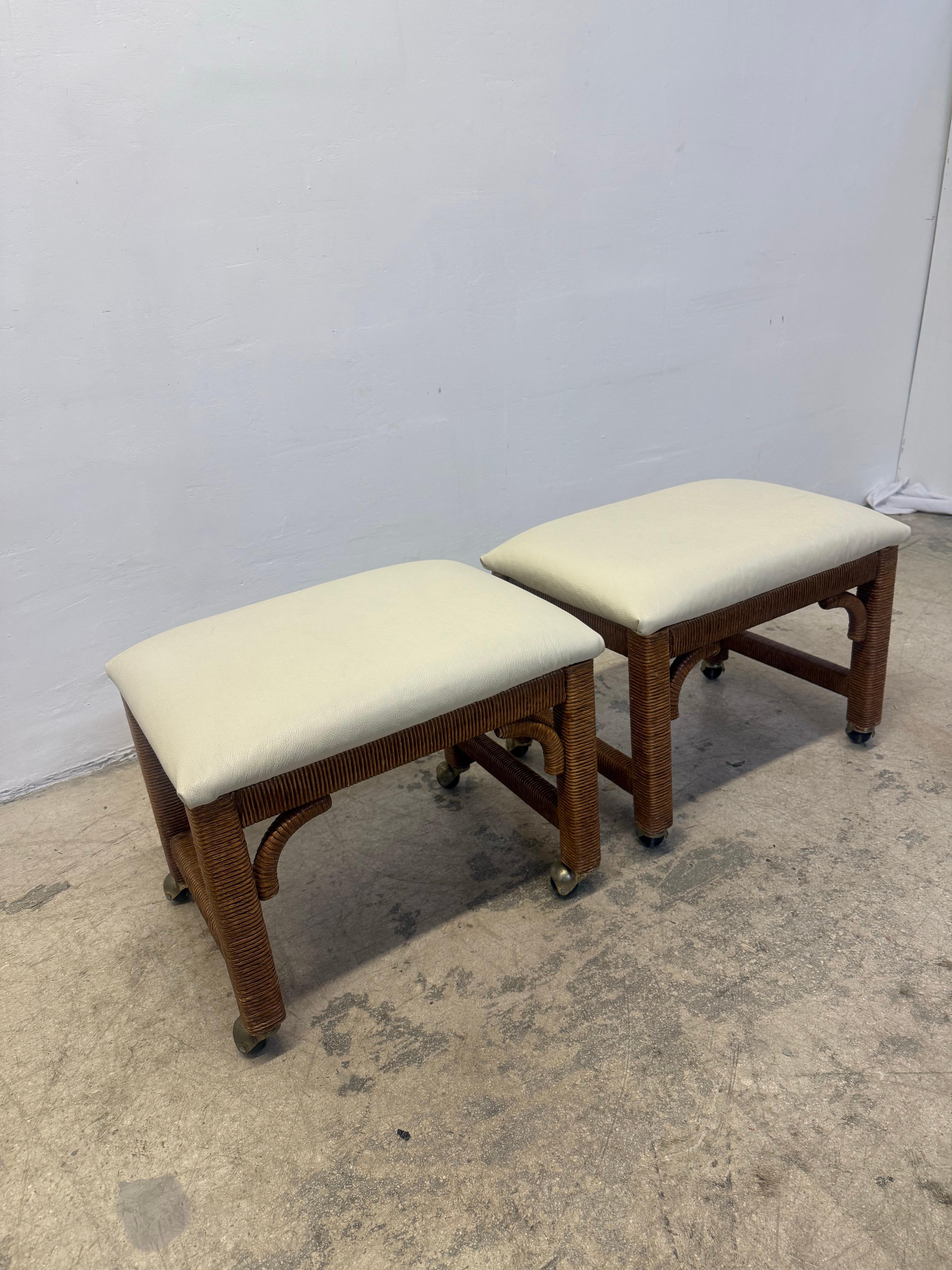 Mid-Century Modern Mid-Century Leather and Wicker Footstools on Caster by Henry Link - a Pair For Sale