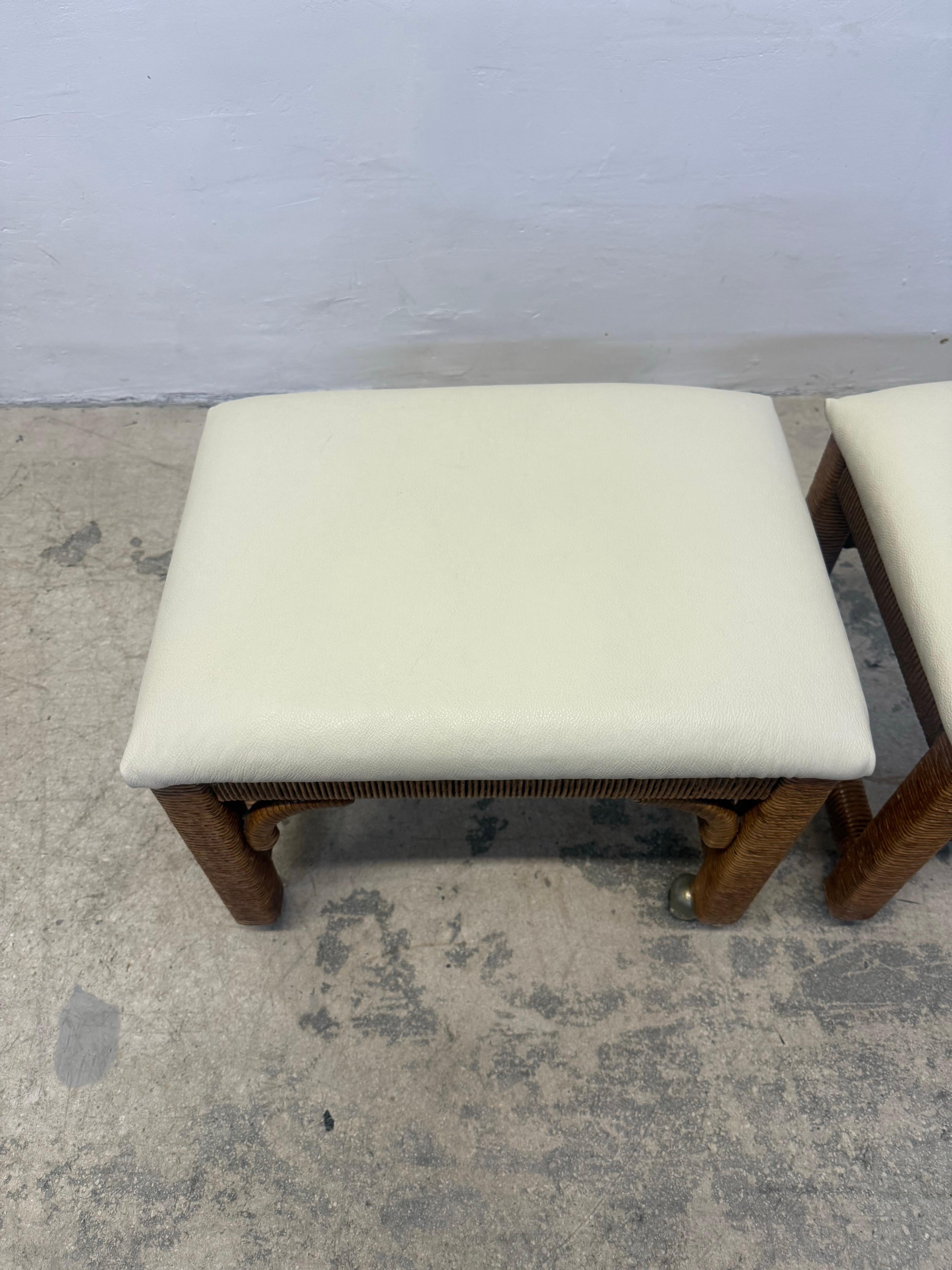 Mid-Century Leather and Wicker Footstools on Caster by Henry Link - a Pair In Good Condition For Sale In Miami, FL