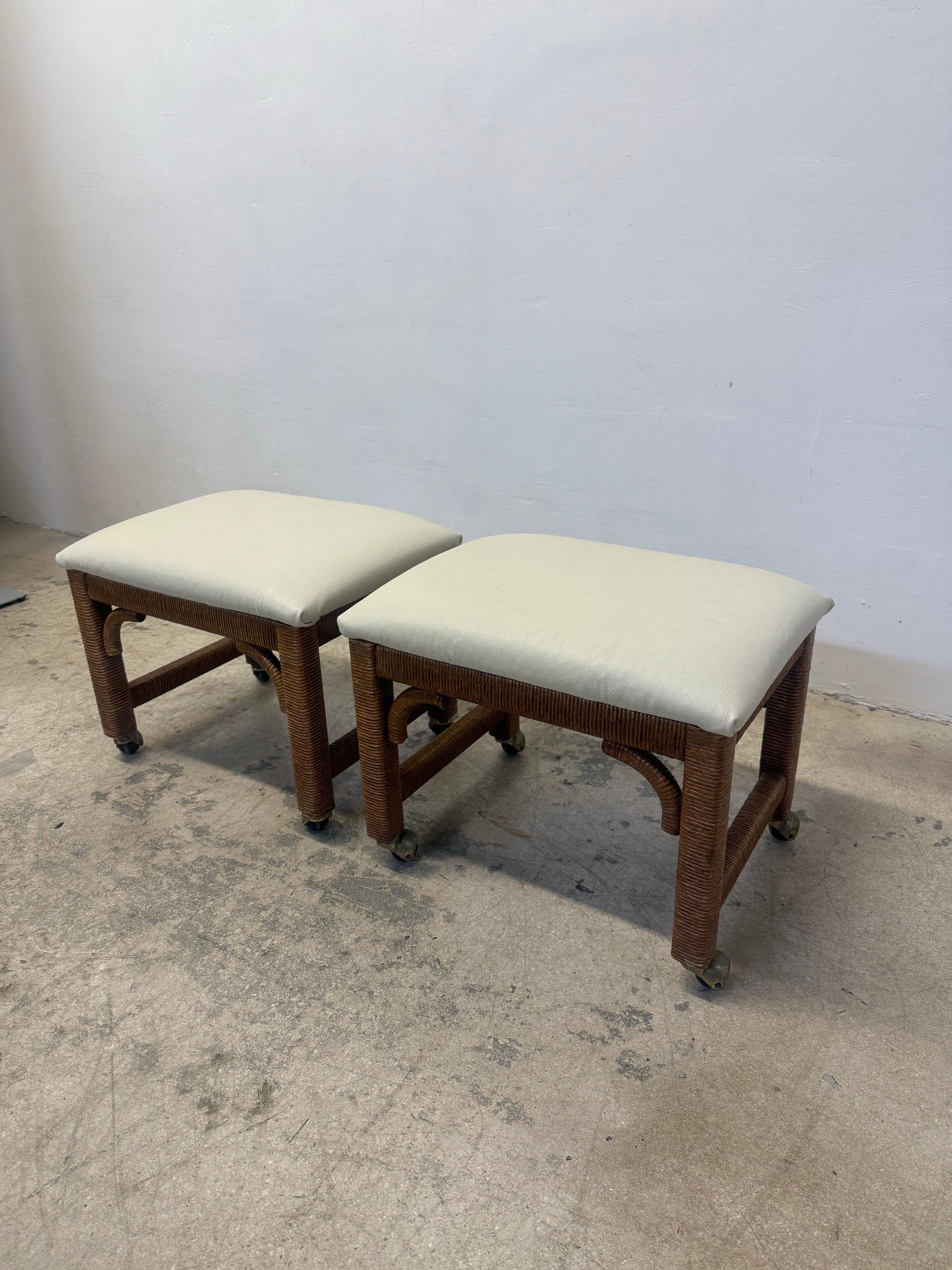 American Mid-Century Leather and Wicker Footstools on Caster by Henry Link - a Pair For Sale