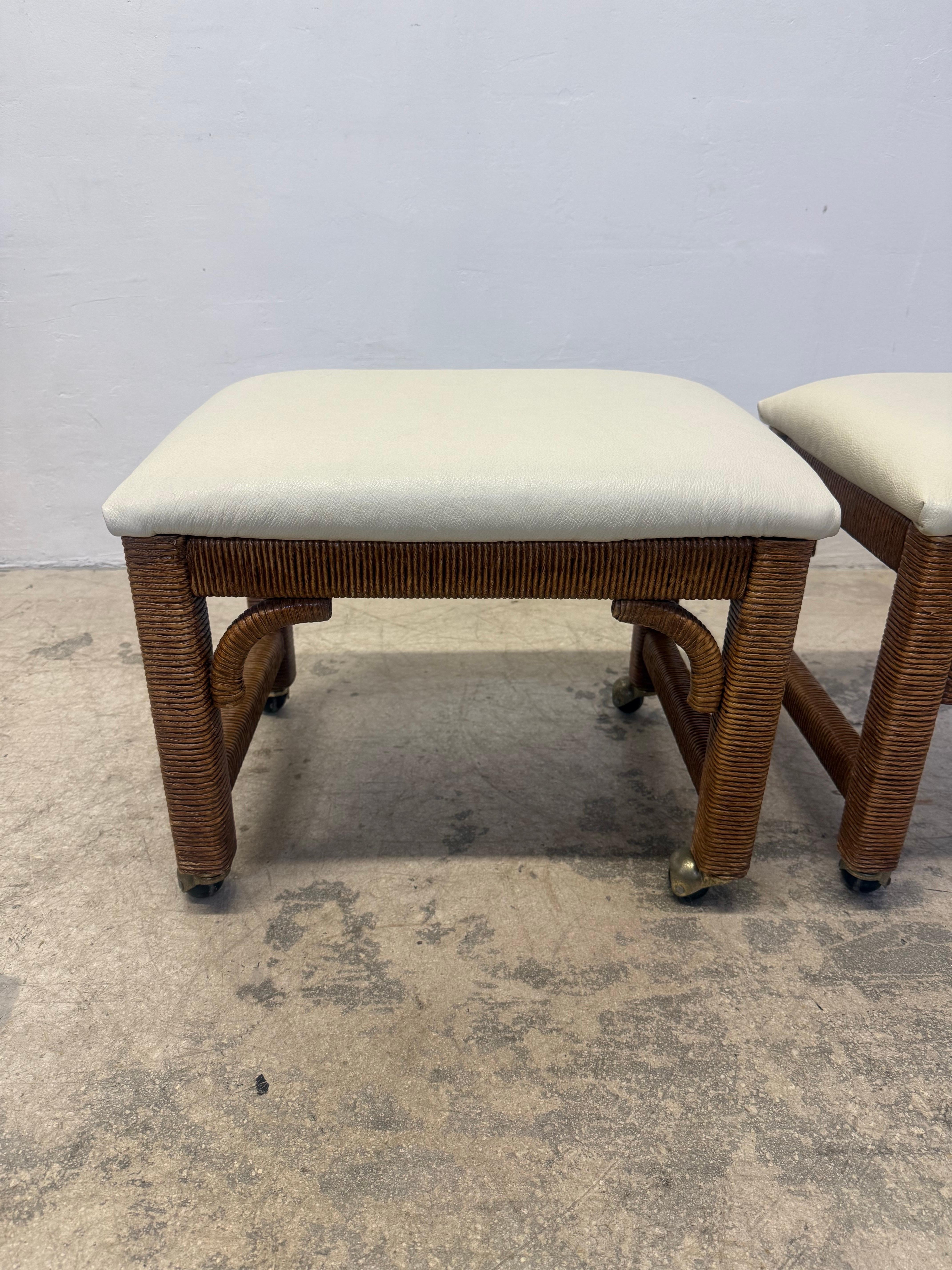 20th Century Mid-Century Leather and Wicker Footstools on Caster by Henry Link - a Pair For Sale