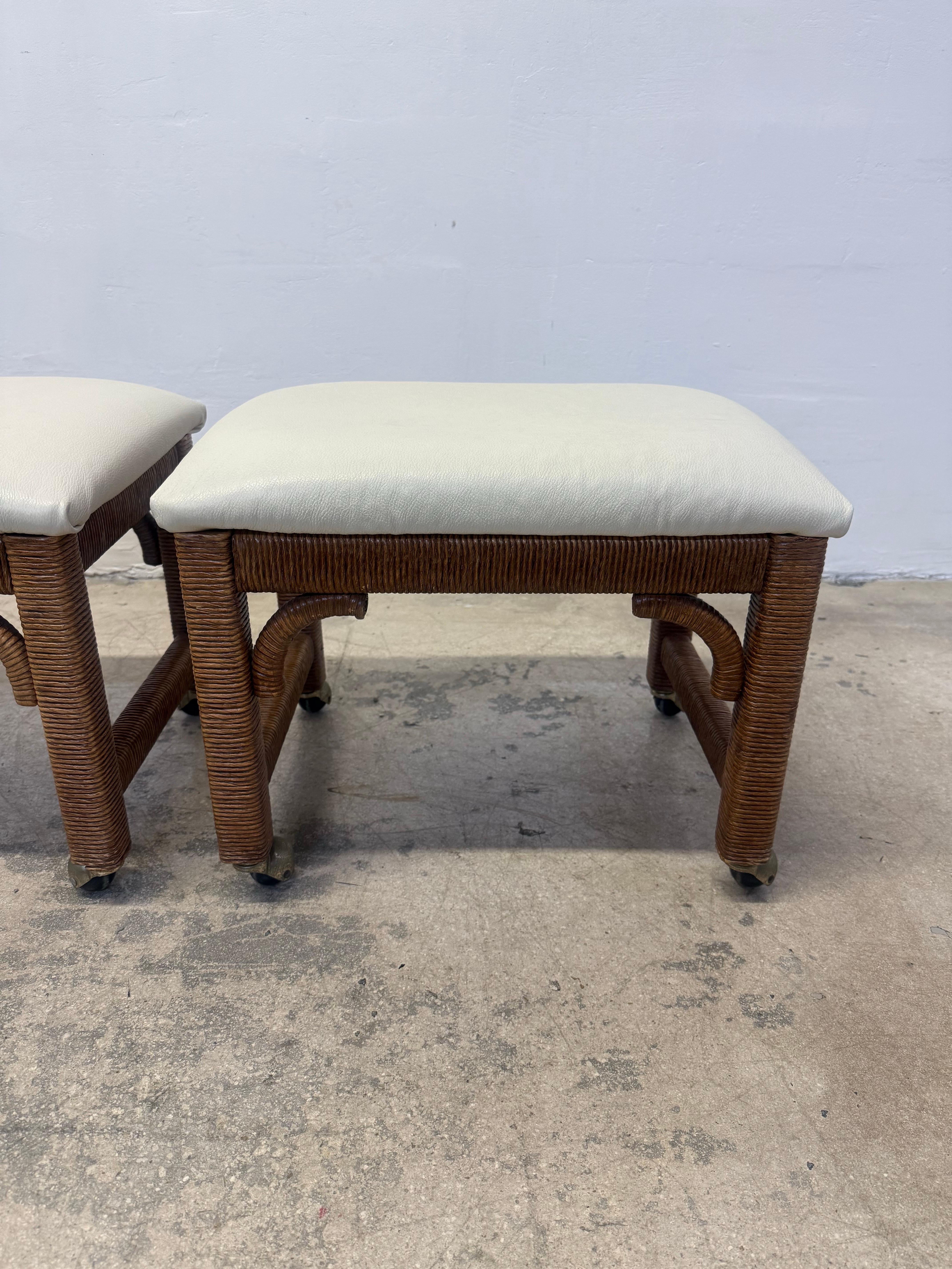 Mid-Century Leather and Wicker Footstools on Caster by Henry Link - a Pair For Sale 1