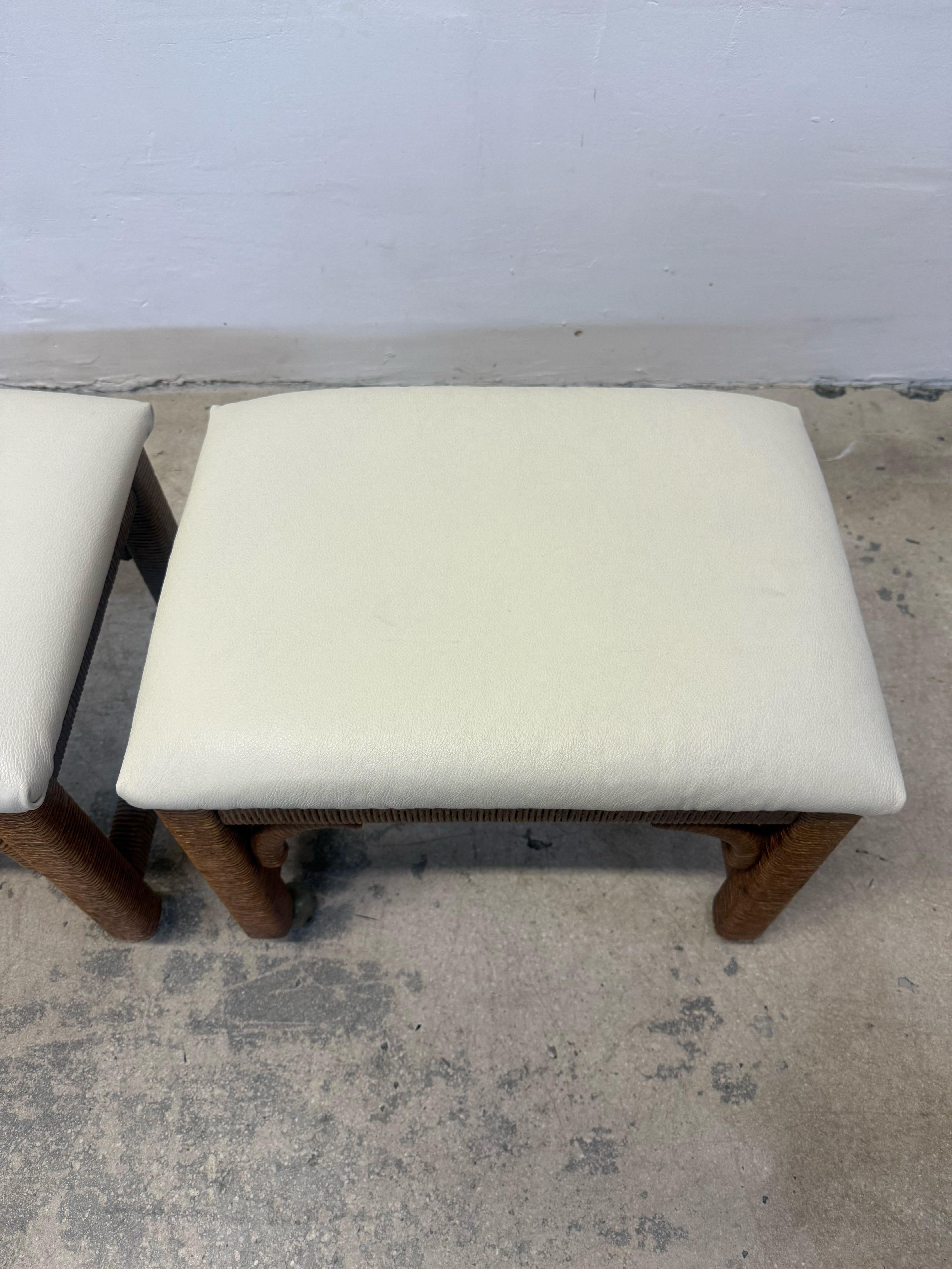 Mid-Century Leather and Wicker Footstools on Caster by Henry Link - a Pair For Sale 2