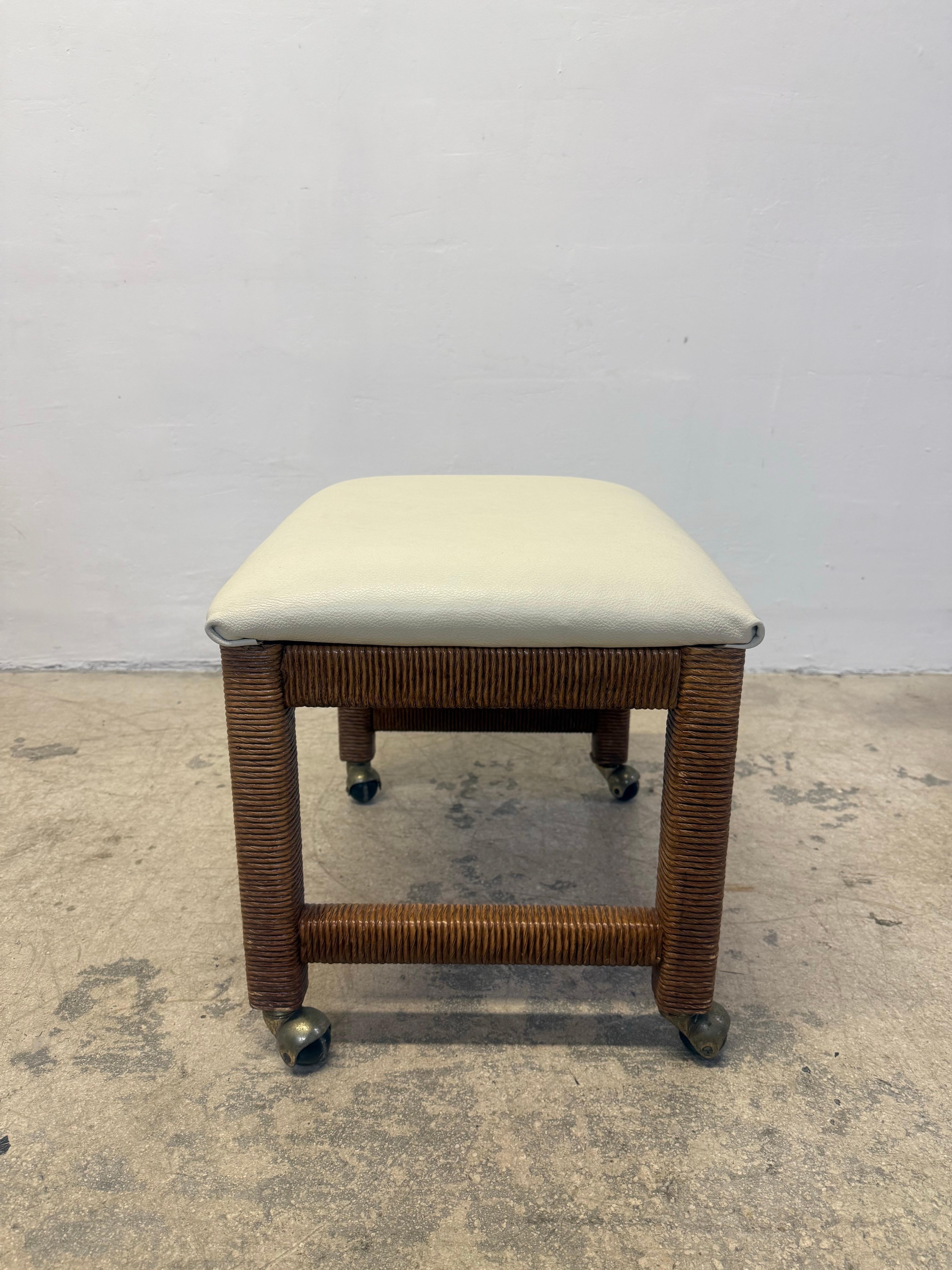 Mid-Century Leather and Wicker Footstools on Caster by Henry Link - a Pair For Sale 3