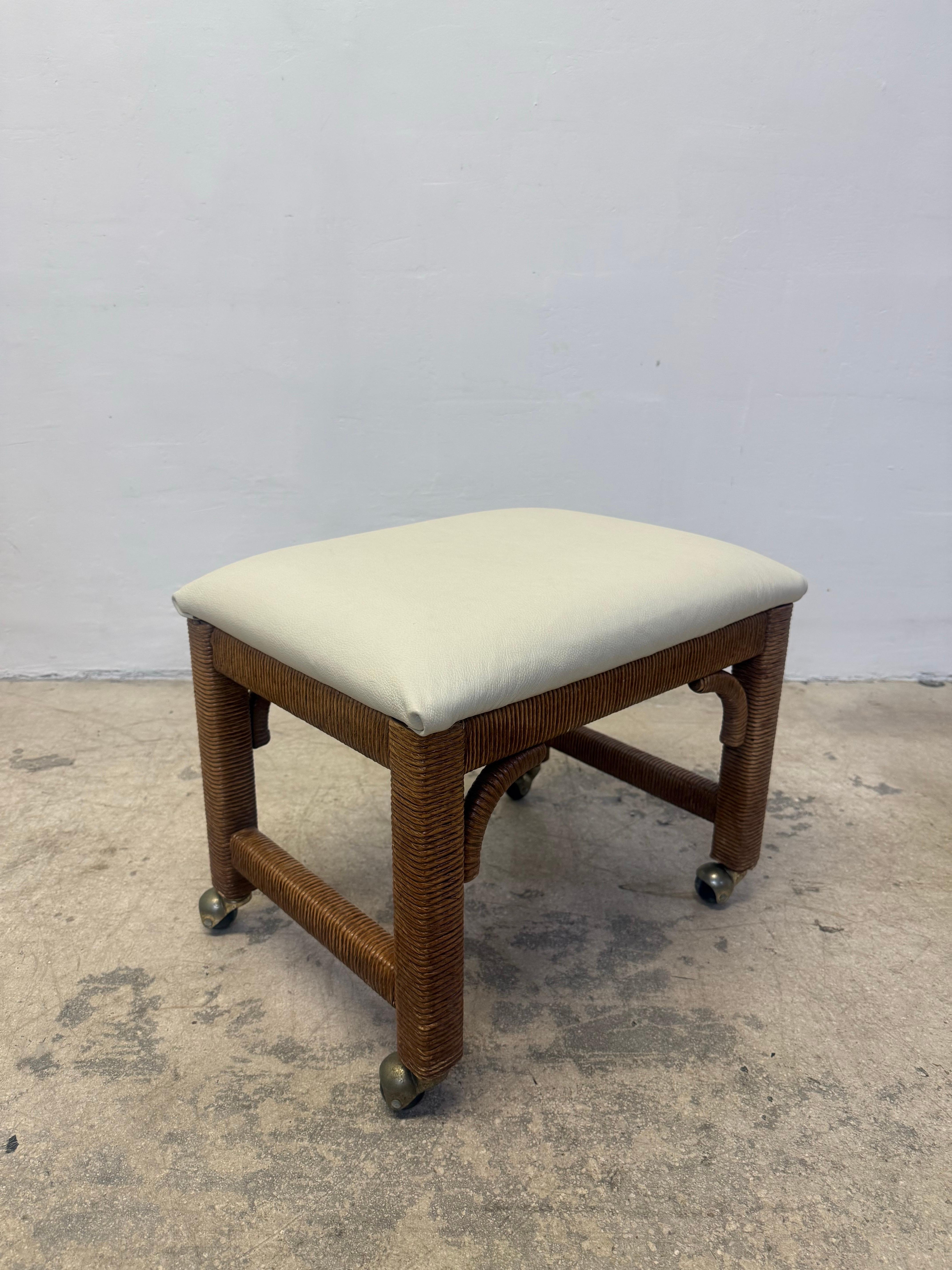 Mid-Century Leather and Wicker Footstools on Caster by Henry Link - a Pair For Sale 4