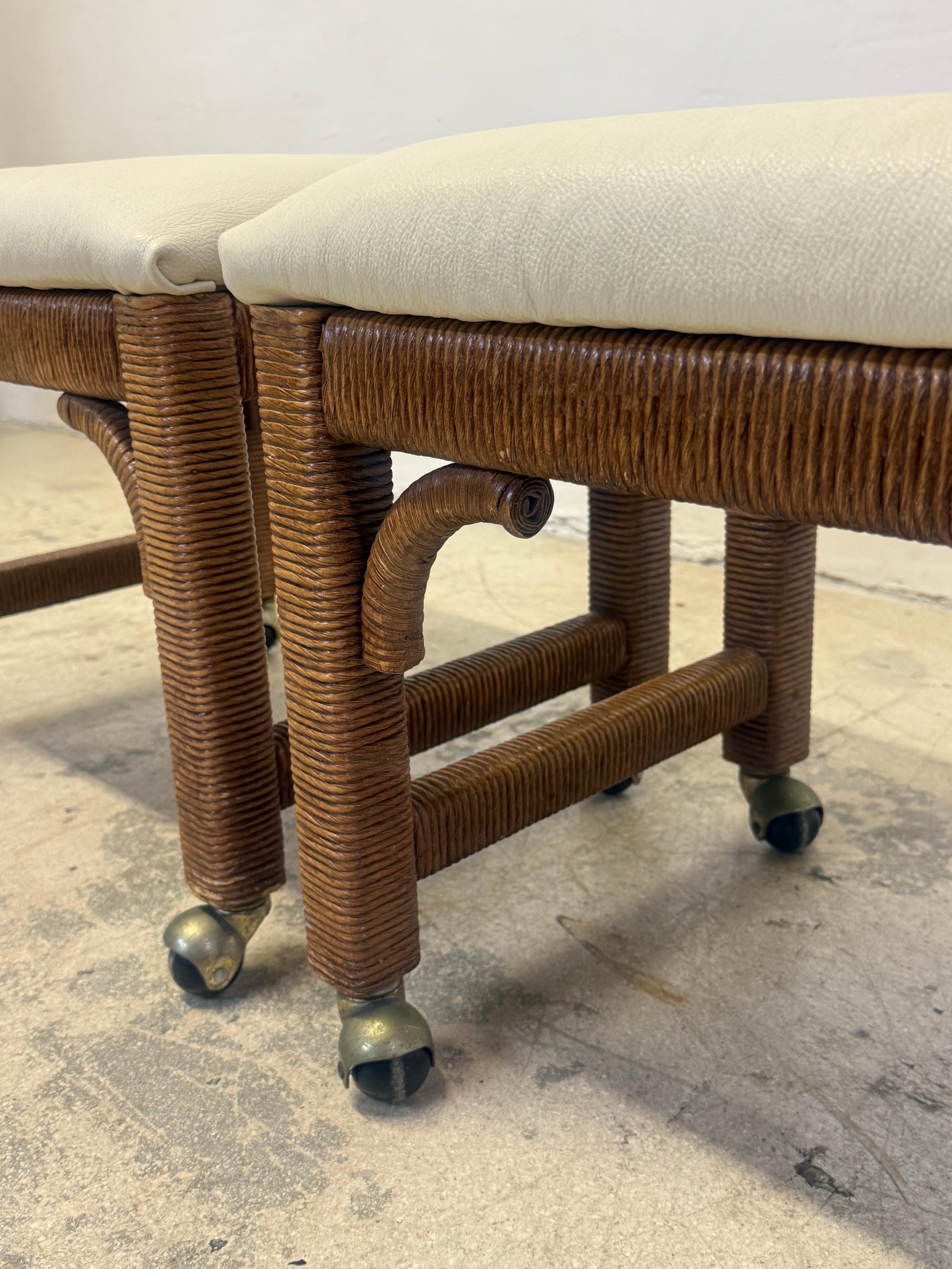 Mid-Century Leather and Wicker Footstools on Caster by Henry Link - a Pair For Sale 5