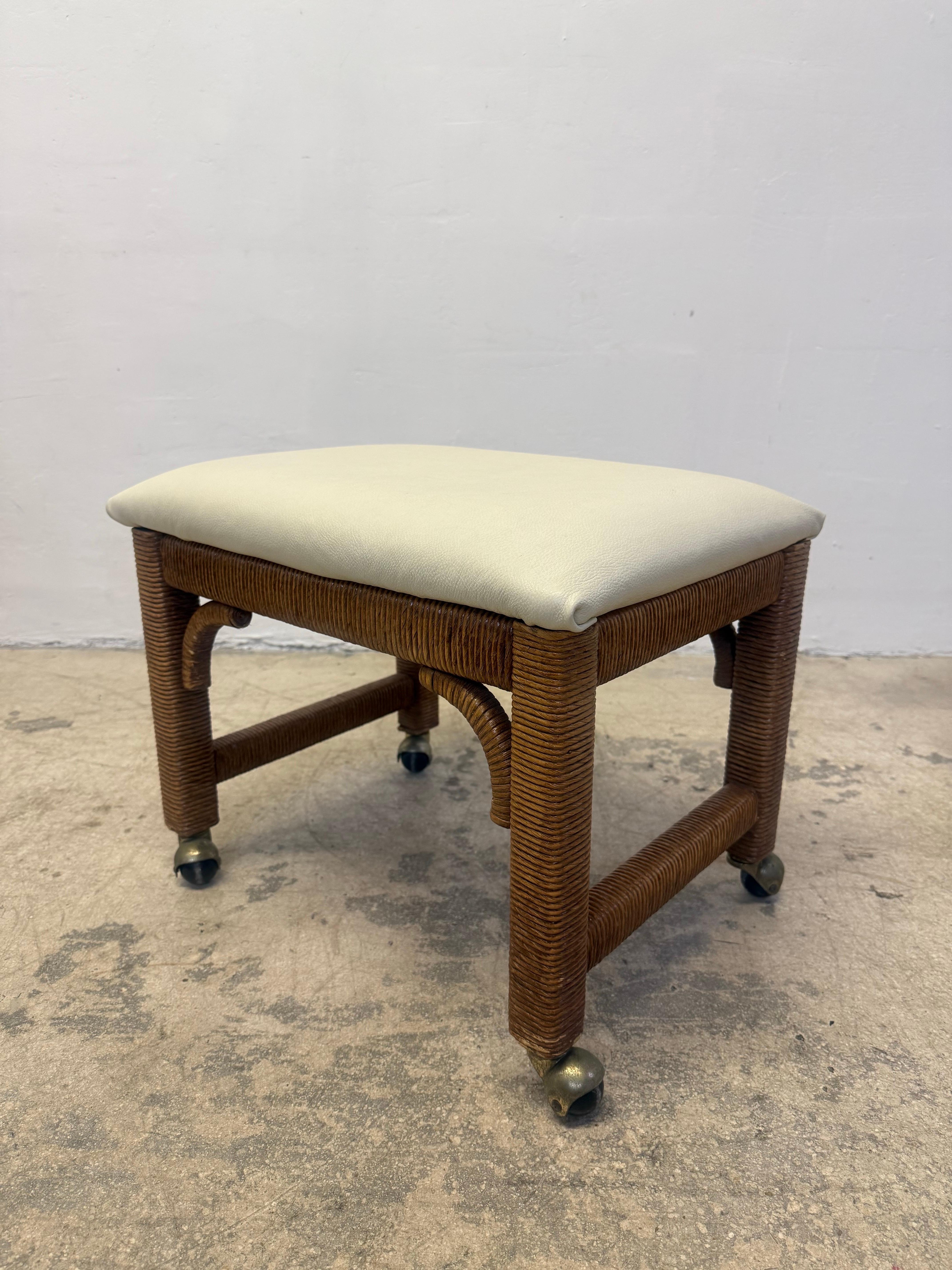 Mid-Century Leather and Wicker Footstools on Caster by Henry Link - a Pair For Sale 6