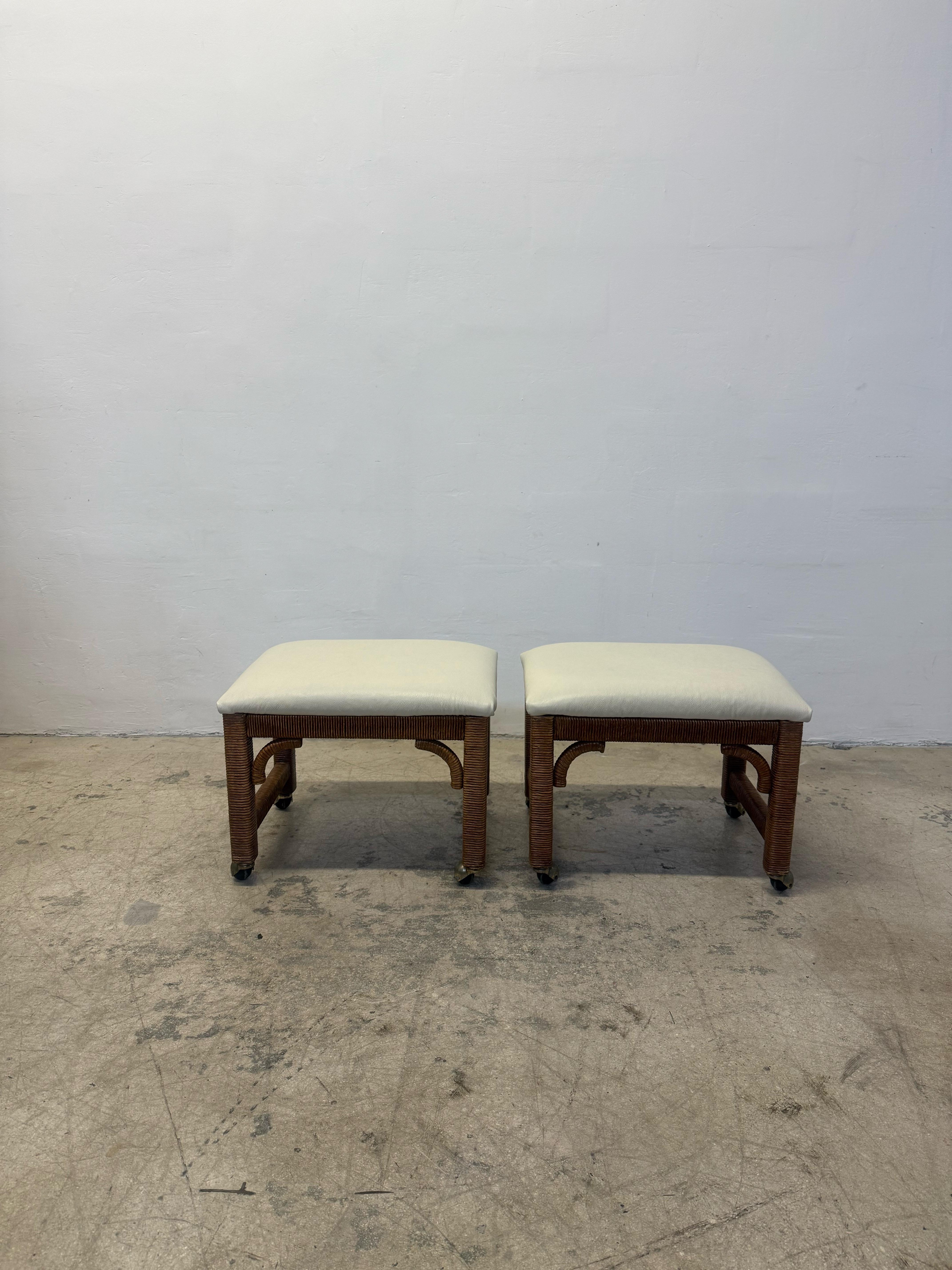 Mid-Century Leather and Wicker Footstools on Caster by Henry Link - a Pair For Sale 11