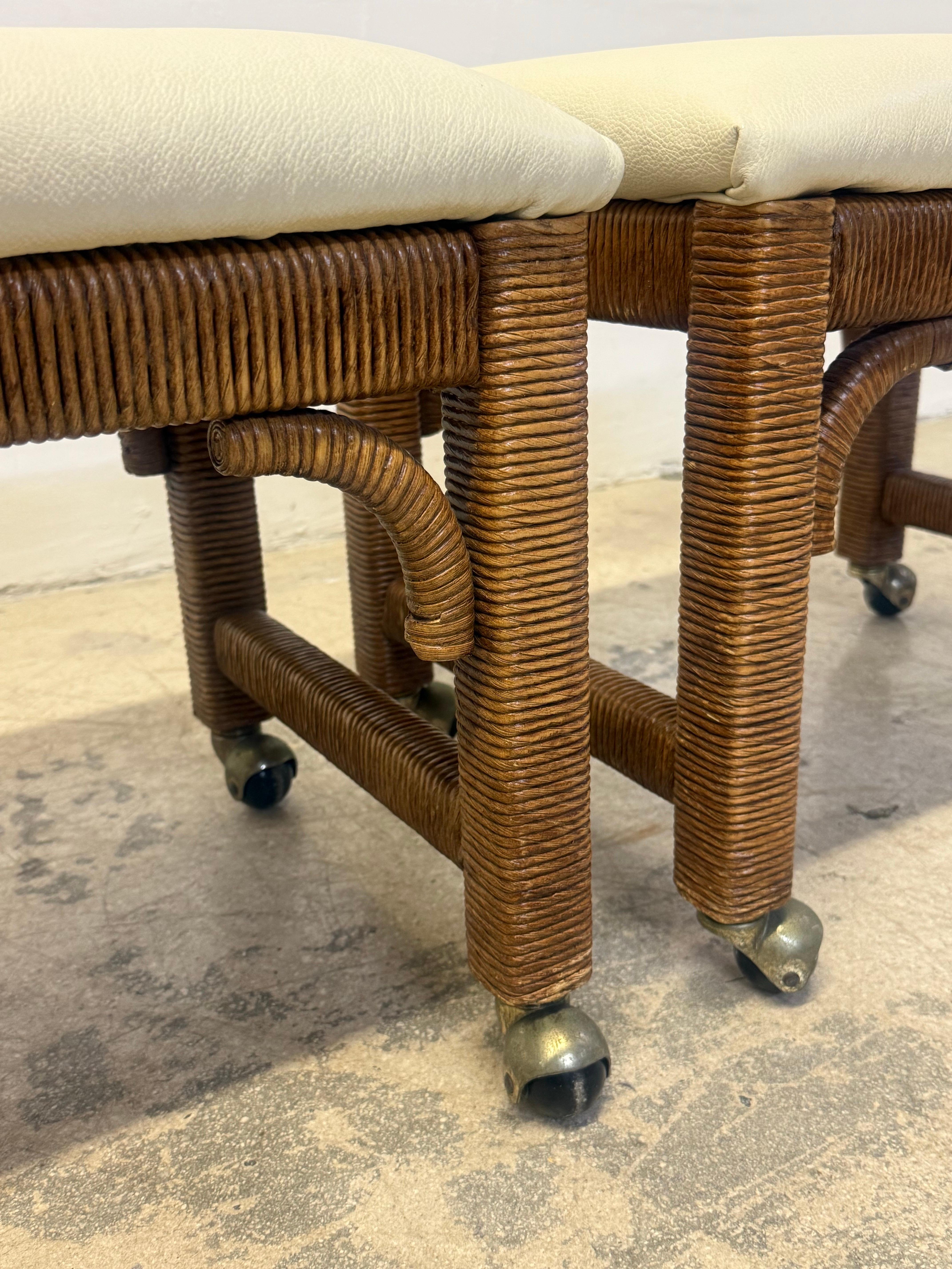 Mid-Century Leather and Wicker Footstools on Caster by Henry Link - a Pair For Sale 7