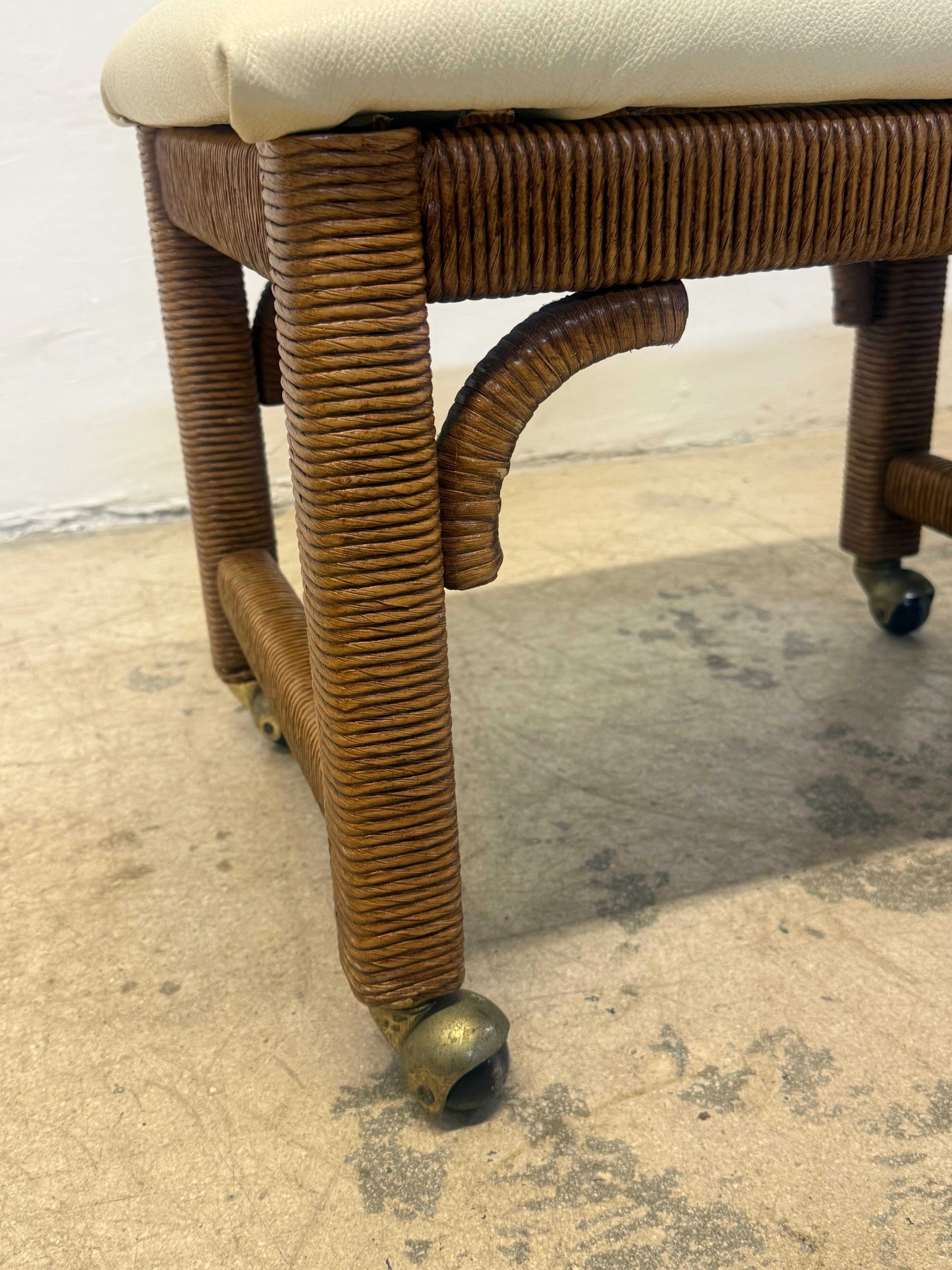 Mid-Century Leather and Wicker Footstools on Caster by Henry Link - a Pair For Sale 8