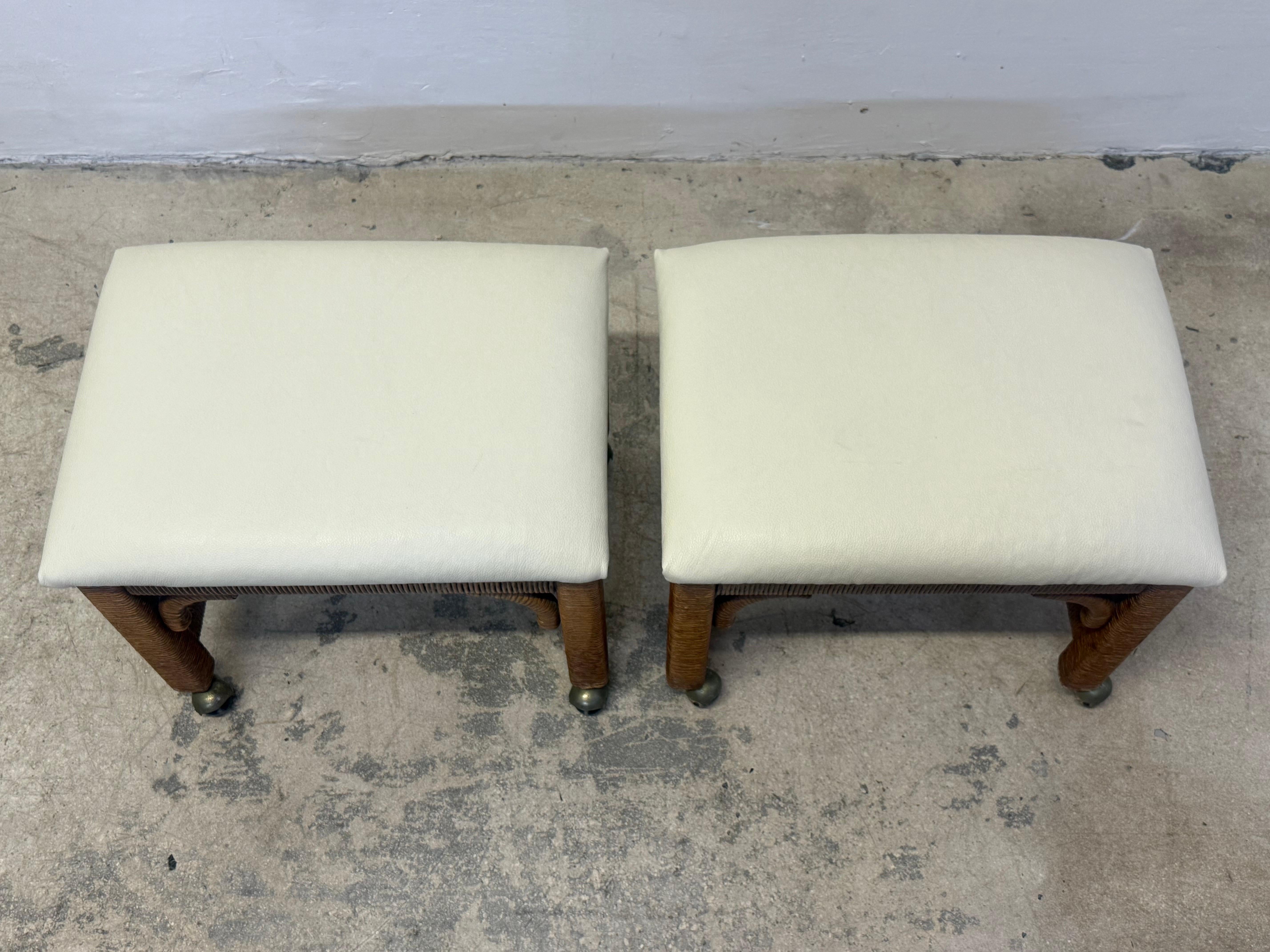 Mid-Century Leather and Wicker Footstools on Caster by Henry Link - a Pair For Sale 9
