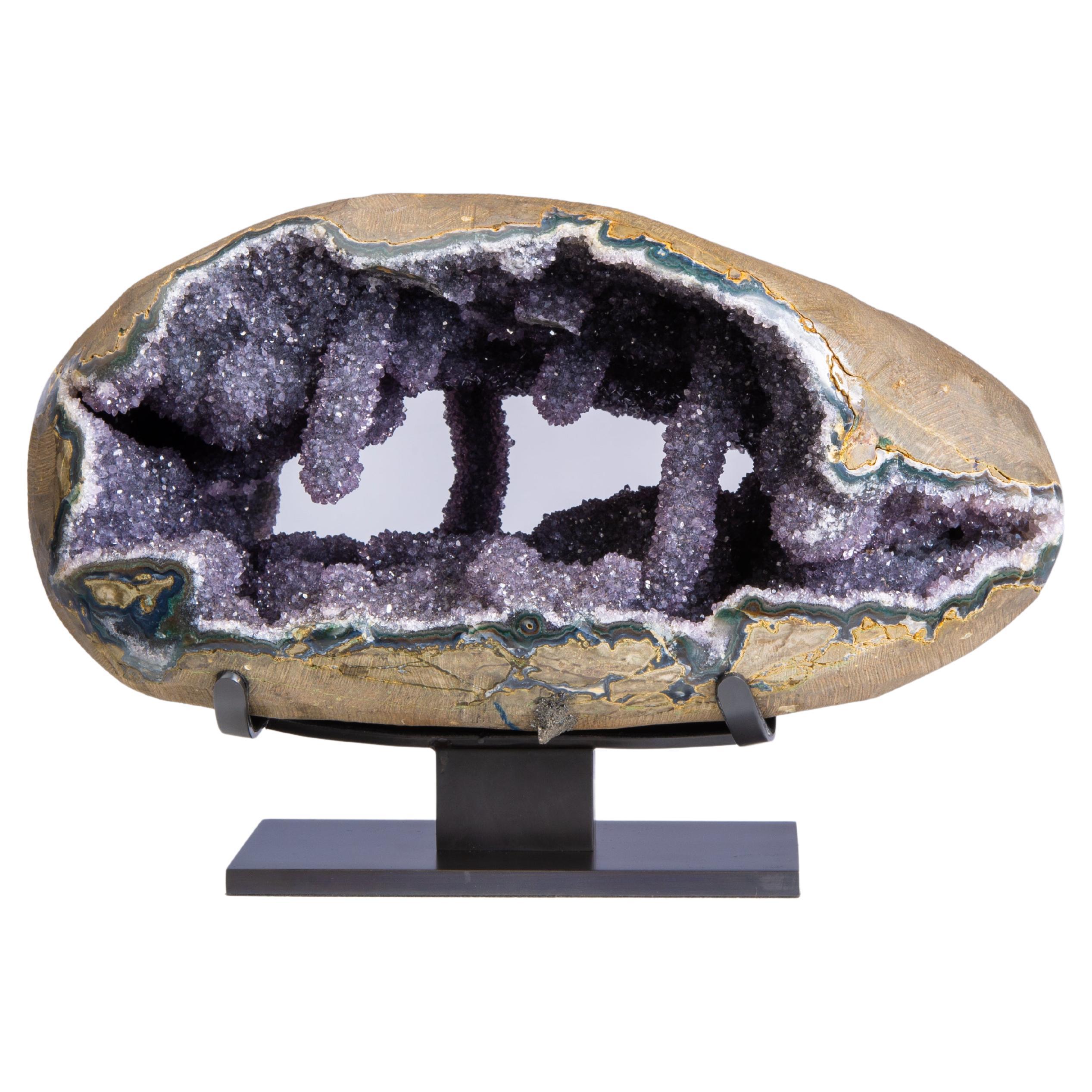 Amazing Geode with Stalactites and Stalagmites with Amethyst and Grey Druze For Sale