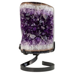 Amethyst Mineral Sculpture with High Crystal Peaks on Metal Stand