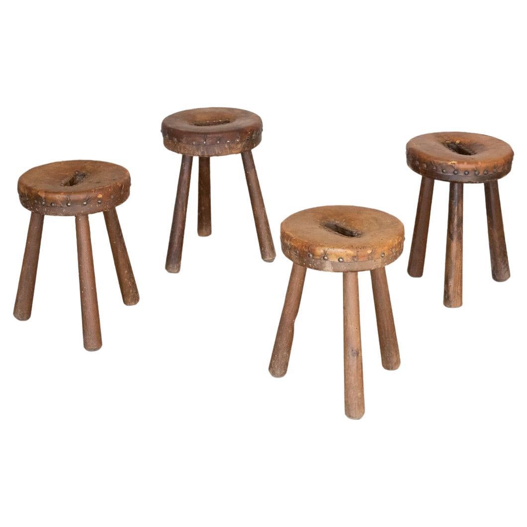 French Wood and Leather Tripod Stool For Sale