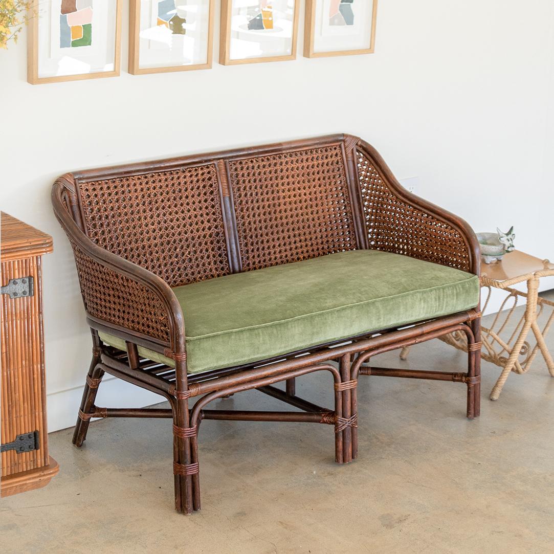 French Rattan and Cane Settee with Cushion In Good Condition In Los Angeles, CA