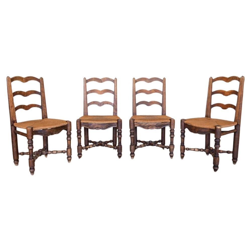 French Carved Wood and Woven Chairs, Set of 4 For Sale