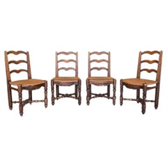 Vintage French Carved Wood and Woven Chairs, Set of 4