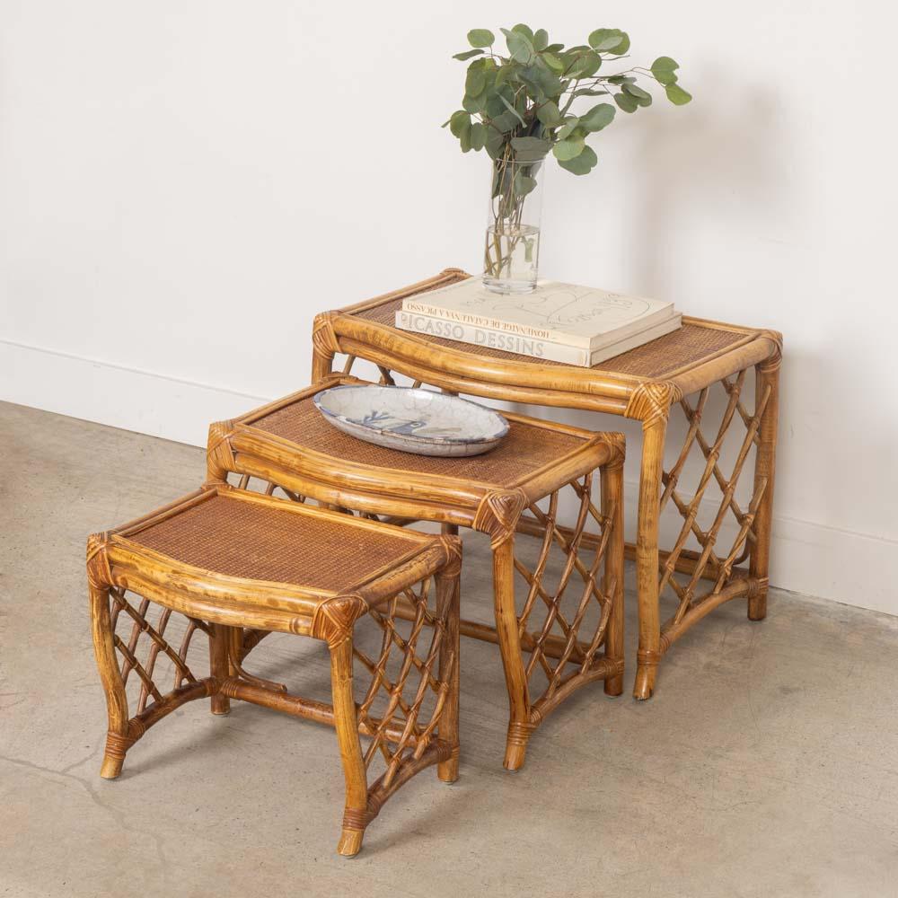 1960s French Rattan Nesting Tables, Set of 3 In Good Condition For Sale In Los Angeles, CA