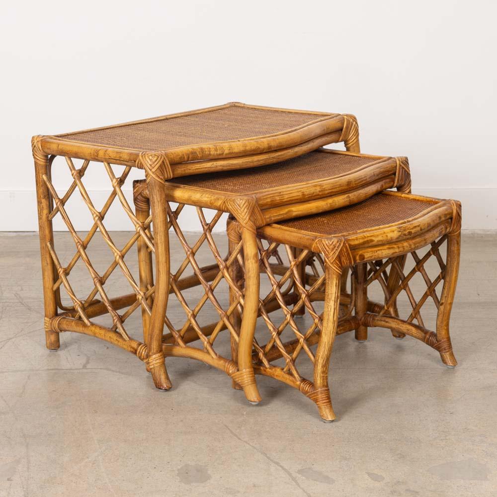 1960s French Rattan Nesting Tables, Set of 3 For Sale 2