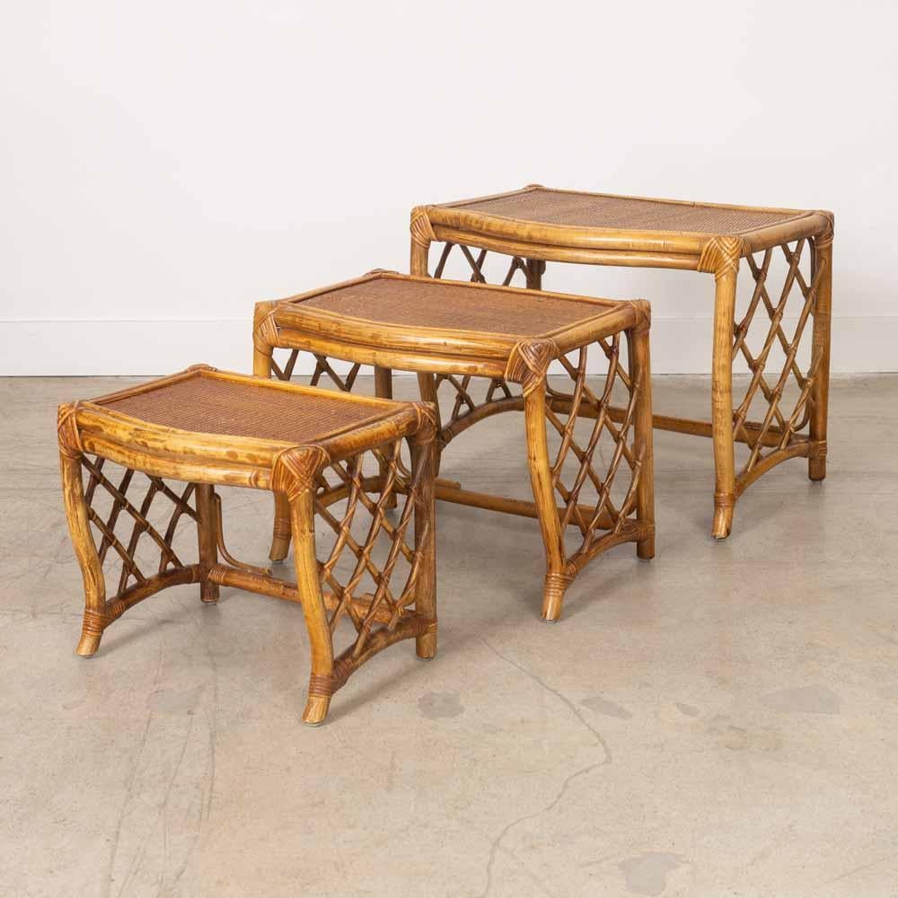 Bamboo 1960s French Rattan Nesting Tables, Set of 3 For Sale