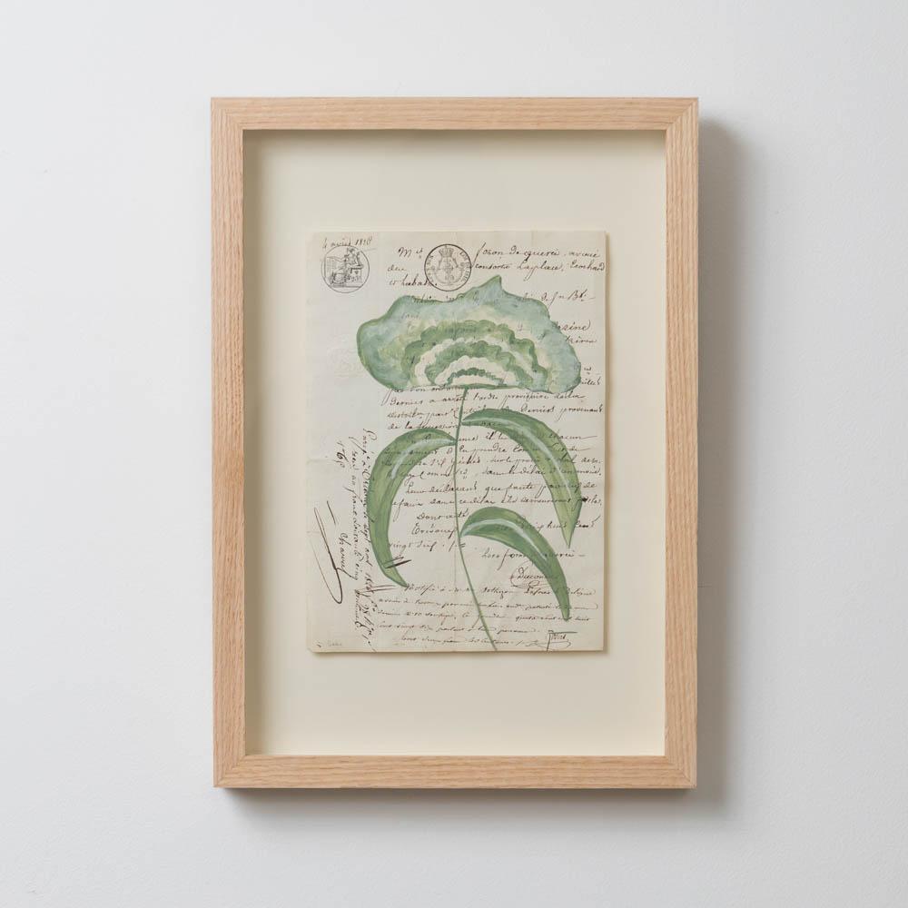 Schönes Acrylgemälde auf Papier aus dem Jahr 1800 von dem zeitgenössischen Künstler Afsoon Thayer. Mit Farrow and Ball und Blattgold gemaltes Blumenmotiv auf einem Hauptbuch aus einem Geschäftsbuch aus England, 1800er Jahre. Jedes Stück ist