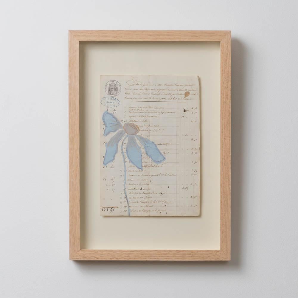 Schönes Acrylgemälde auf Papier aus dem Jahr 1800 von dem zeitgenössischen Künstler Afsoon Thayer. Mit Farrow and Ball und Blattgold gemaltes Blumenmotiv auf einem Hauptbuch aus einem Geschäftsbuch aus England, 1800er Jahre. Jedes Stück ist