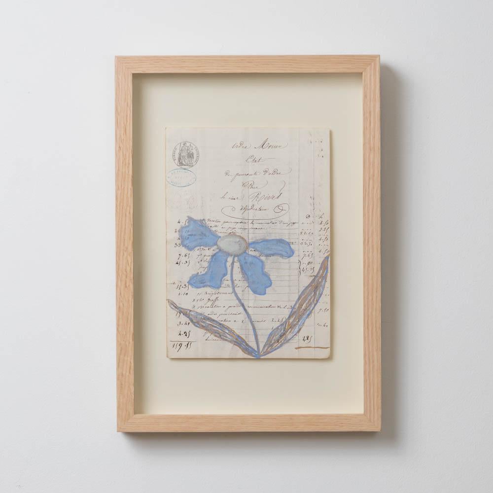 Schönes Acrylgemälde auf Papier aus dem Jahr 1800 von dem zeitgenössischen Künstler Afsoon Thayer. Mit Farrow and Ball und Blattgold gemaltes Blumenmotiv auf einem Hauptbuch aus einem Geschäftsbuch aus England, 1800er Jahre. Jedes Stück ist