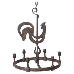 1950s Wrought Iron Rooster Chandelier by Jean Touret for  Atelier Marolles