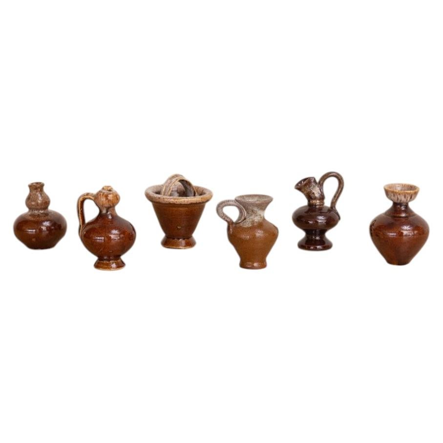 Set of 6 French Glazed Ceramic Miniature Vases For Sale