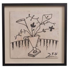 Dibujo original de un bodegón con flores de José Fin, firmado