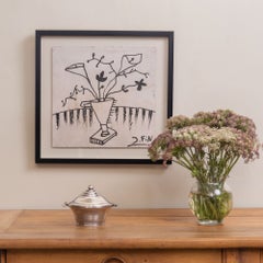 Dibujo original de un bodegón con flores de José Fin, firmado