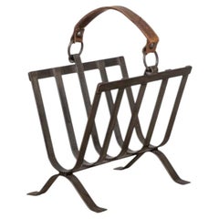 French Iron and Leather Magazine Rack