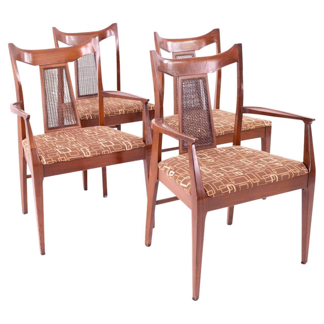 Jack Lenor Larsen Style Mid Century Walnut and Cane Upholstered Dining Chairs For Sale