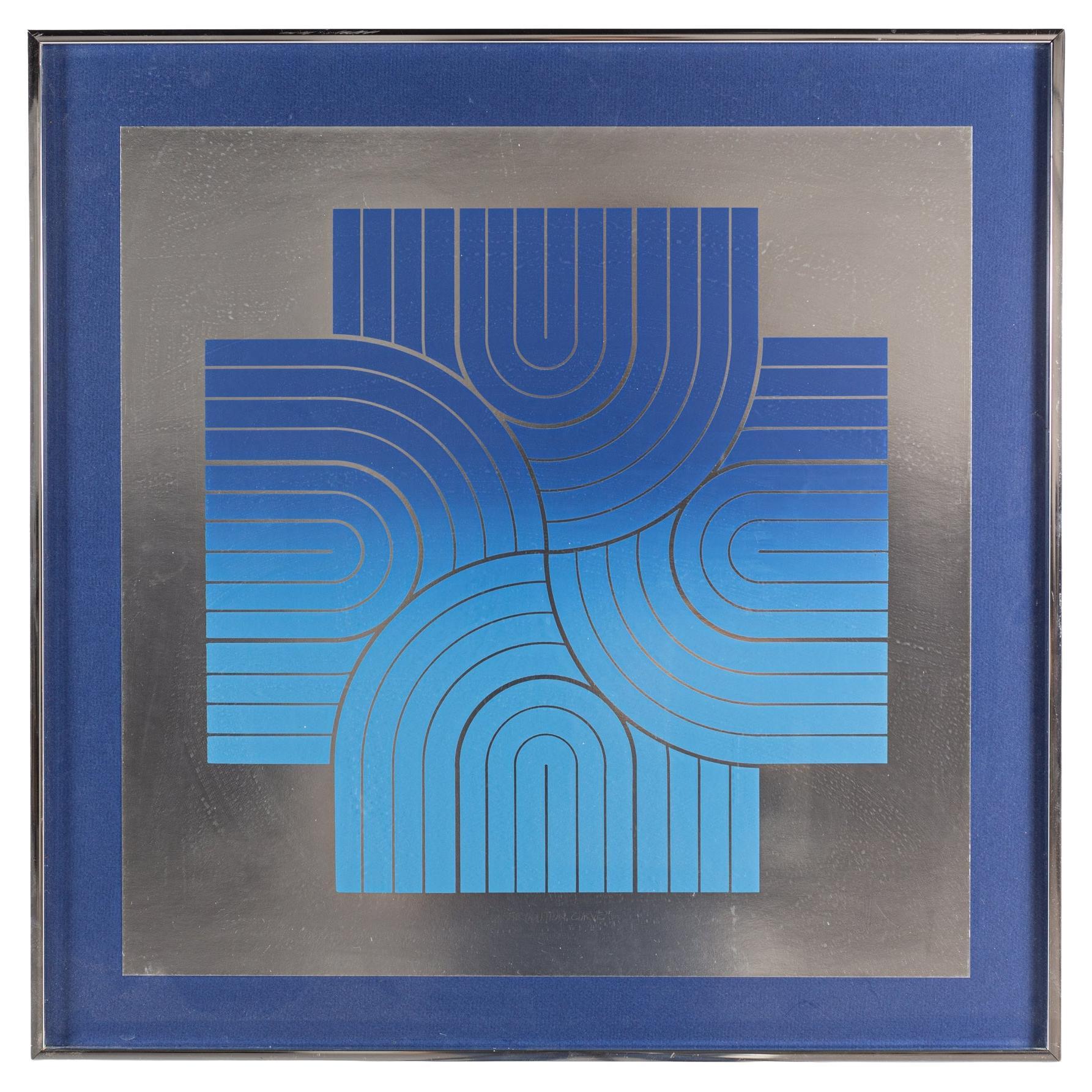 Blue and Silver Abstract Print For Sale