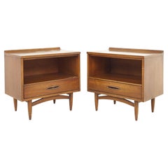 Broyhill Sculptra Brutalist Mid-Century Walnut Single Drawer Nightstand, a Pair