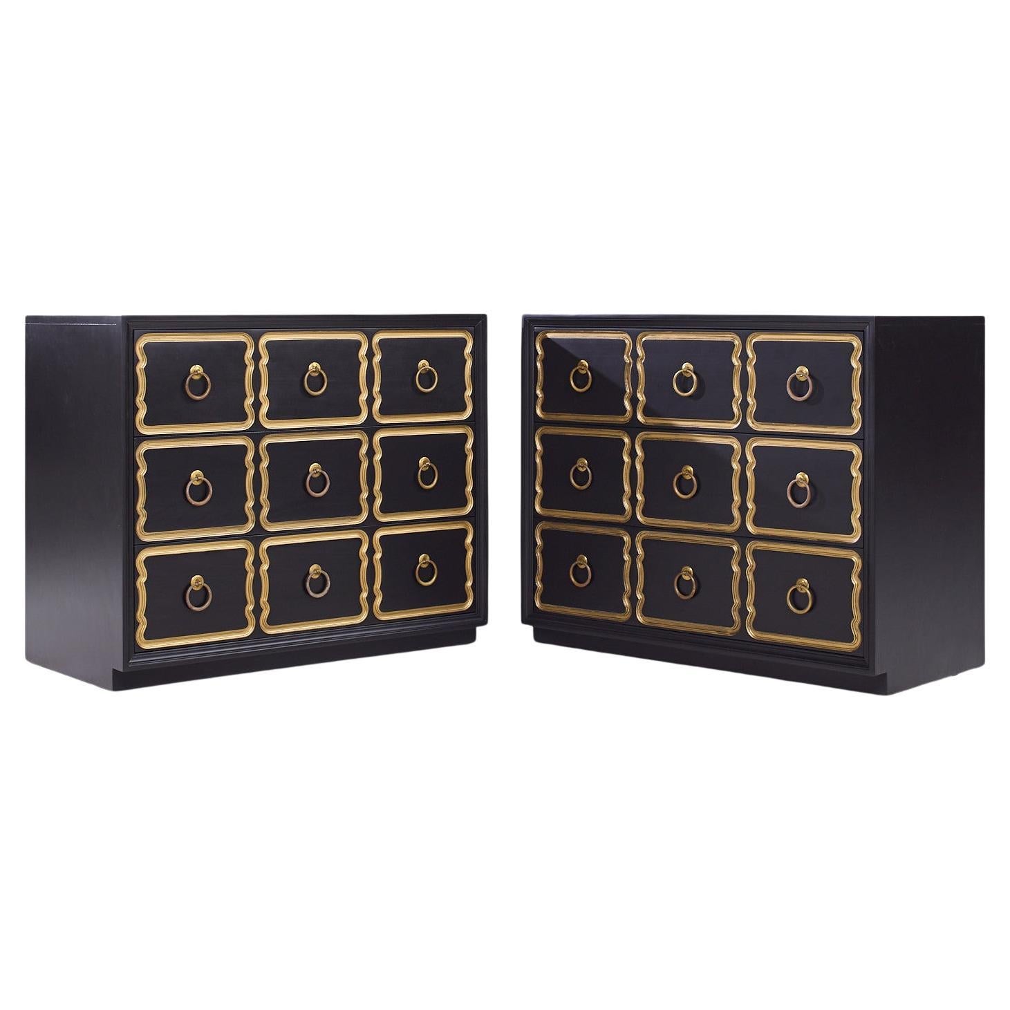 Dorothy Draper España Black and Gold Chest Dressers - Pair