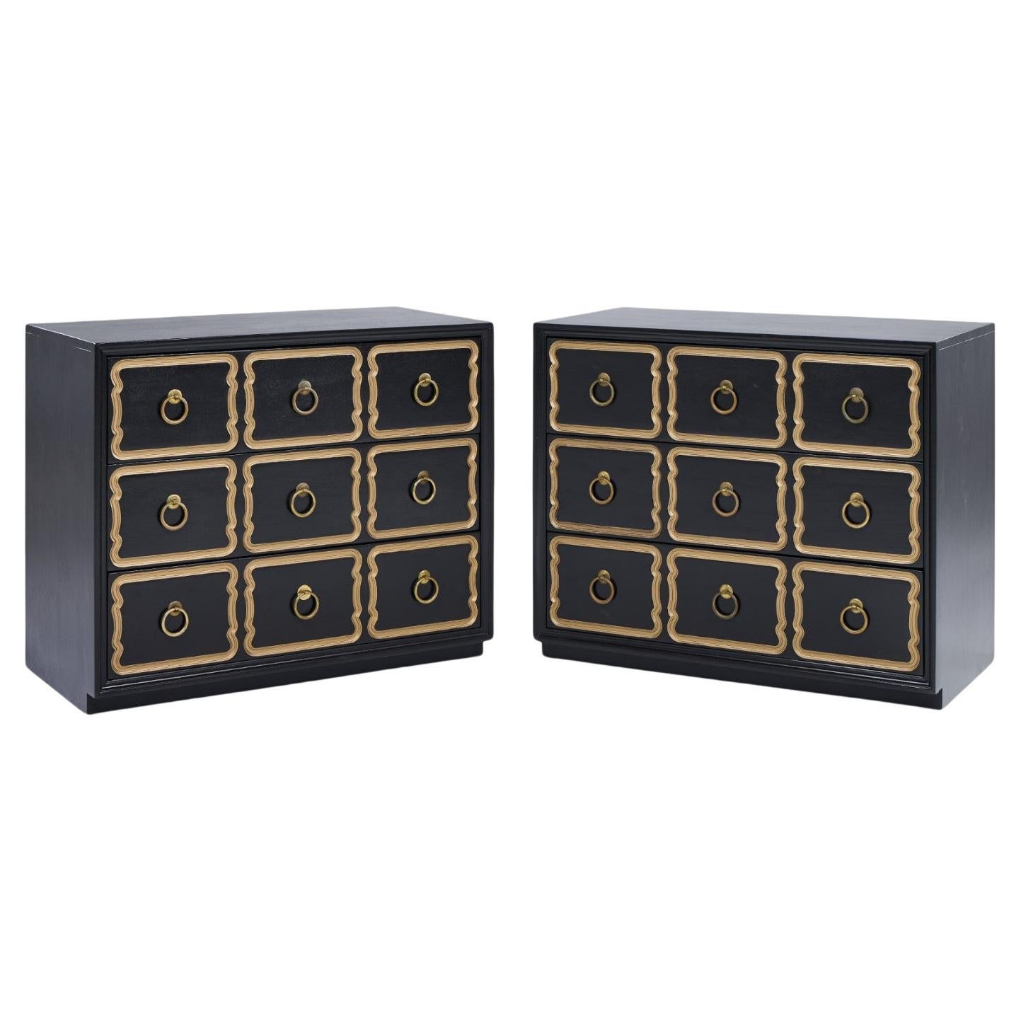 Dorothy Draper España Hollywood Regency Cassettiera nera e oro - Coppia
