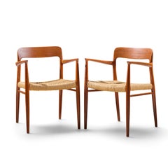 Niels Moller Model 57 Mid Century Danish Teak and Rope Captains Chairs - Pair