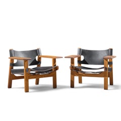 Børge Mogensen for Fredericia Mid Century Oak and Leather Spanish Chairs - Pair