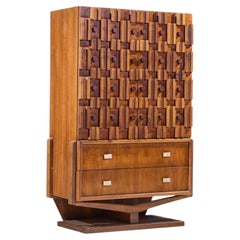 Paul Evans Style Canadian Brutalist Walnut Pedestal Armoire Highboy Dresser
