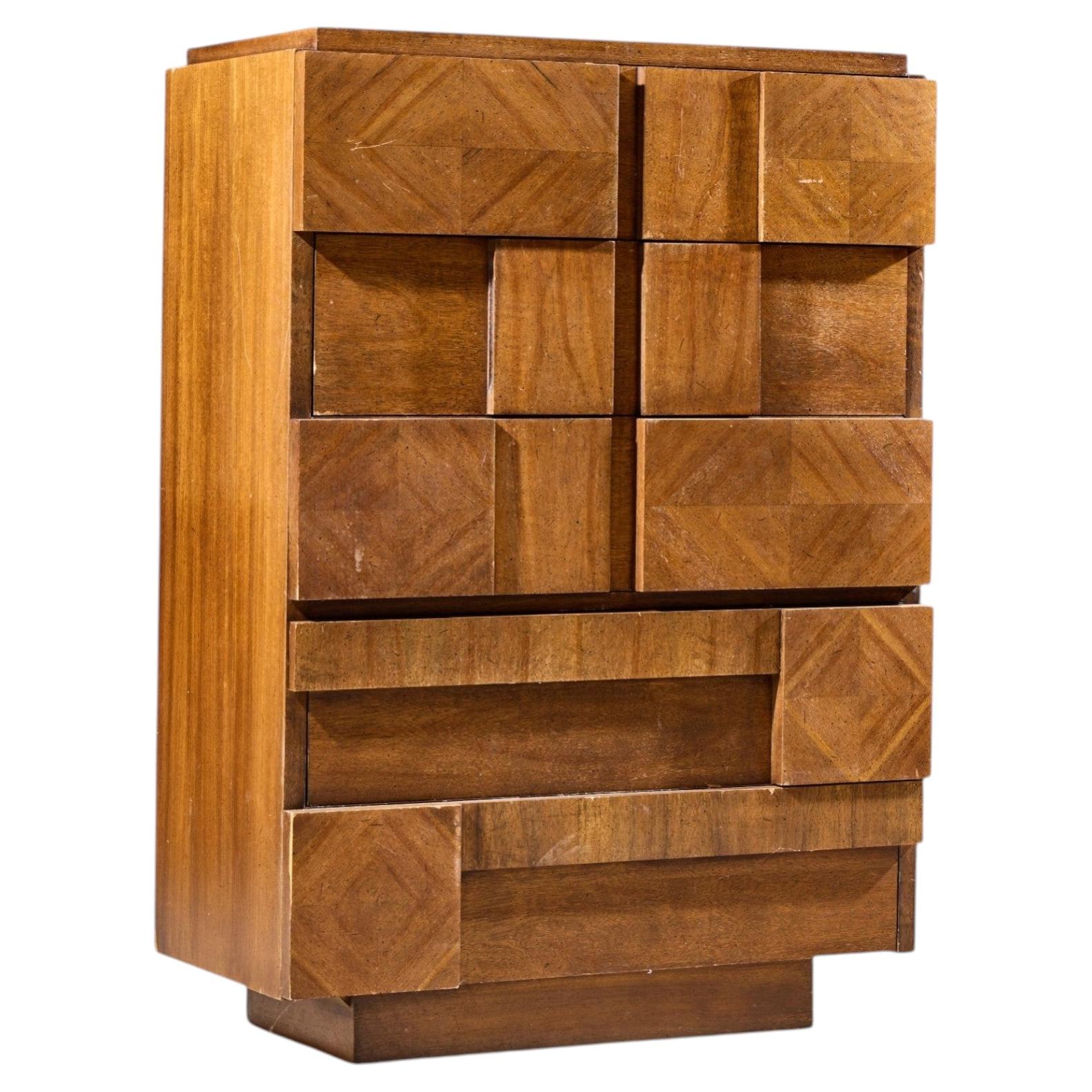 Lane Stacatto Brutalist Mid Century Walnut Highboy Dresser