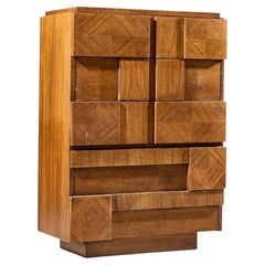 Lane Stacatto Brutalist Mid Century Walnut Highboy Dresser