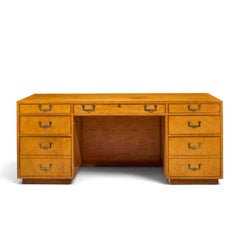 John Widdicomb Mid Century Burlwood and Brass Campaign Executive Desk