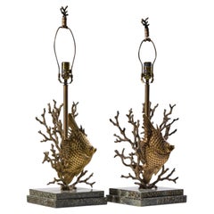 Theodore Alexander Brass Fish and Coral Table Lamps - Pair