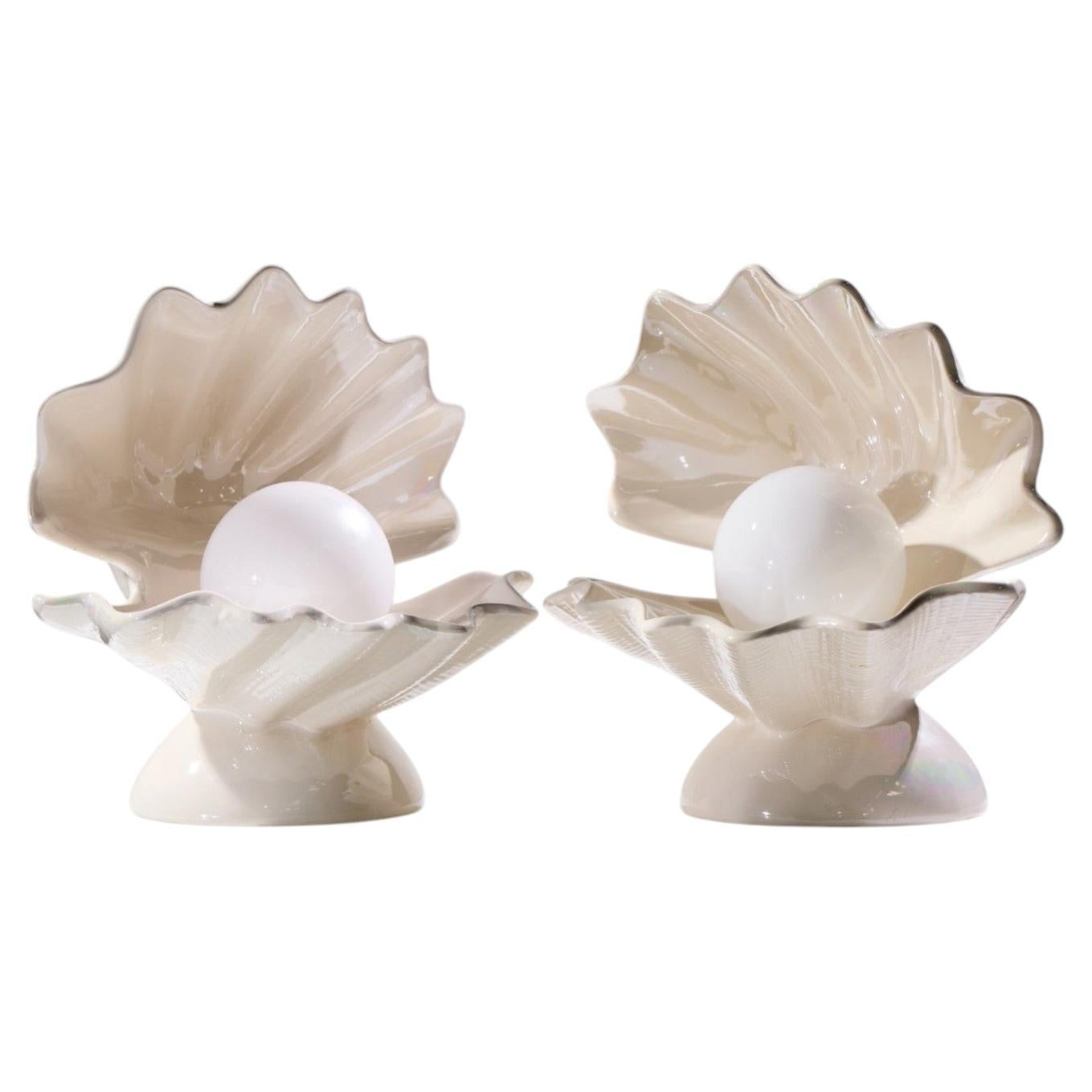 Mid Century Oyster Shell Shaped Porcelain Lamps - Pair