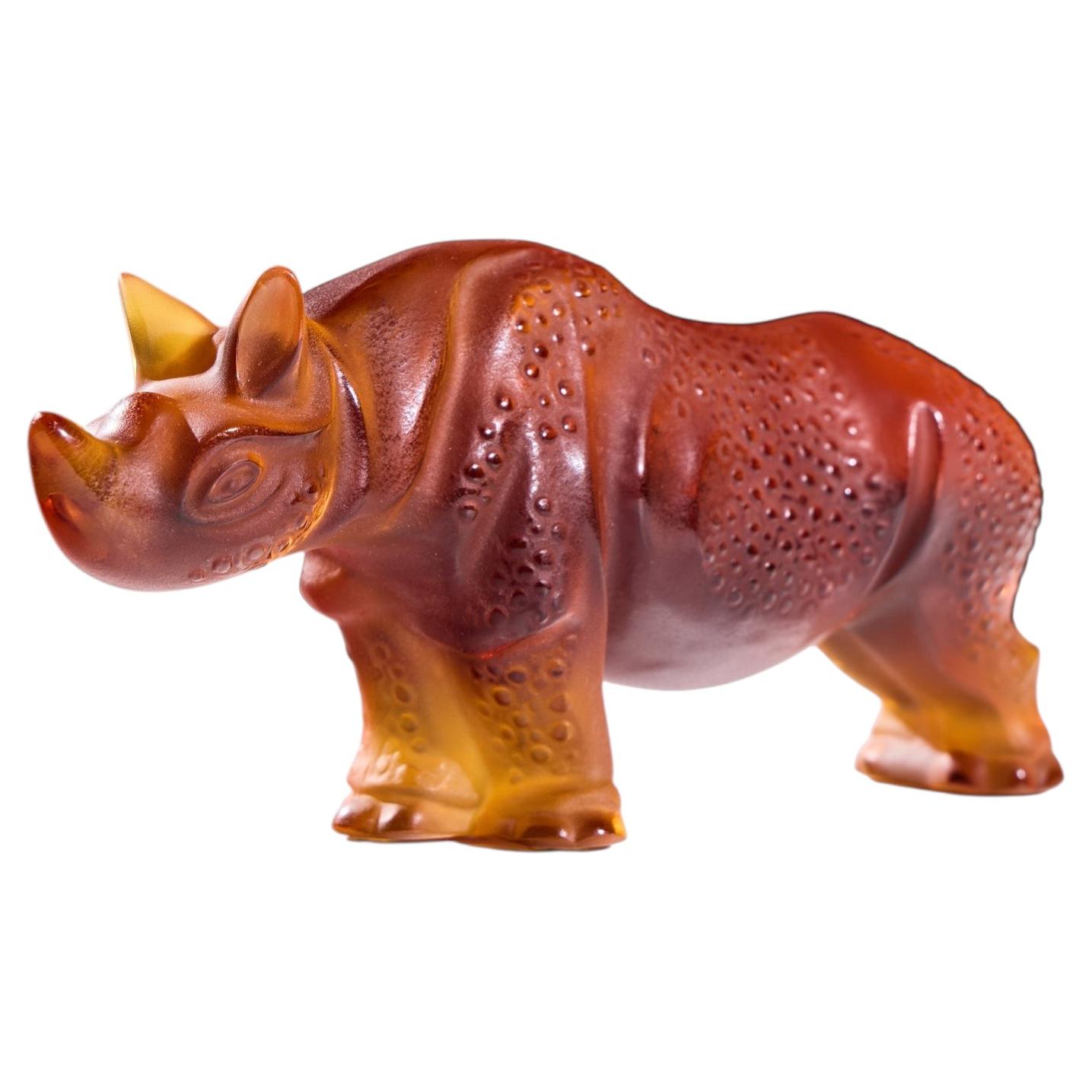 Lalique French Crystal Amber Rhino Sculpture