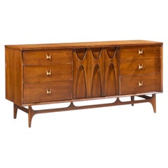 Broyhill Brasilia Mid Century Walnut and Brass Lowboy Dresser