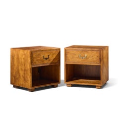 Henredon Campaign Mid Century Oak and Brass Nightstands - Pair