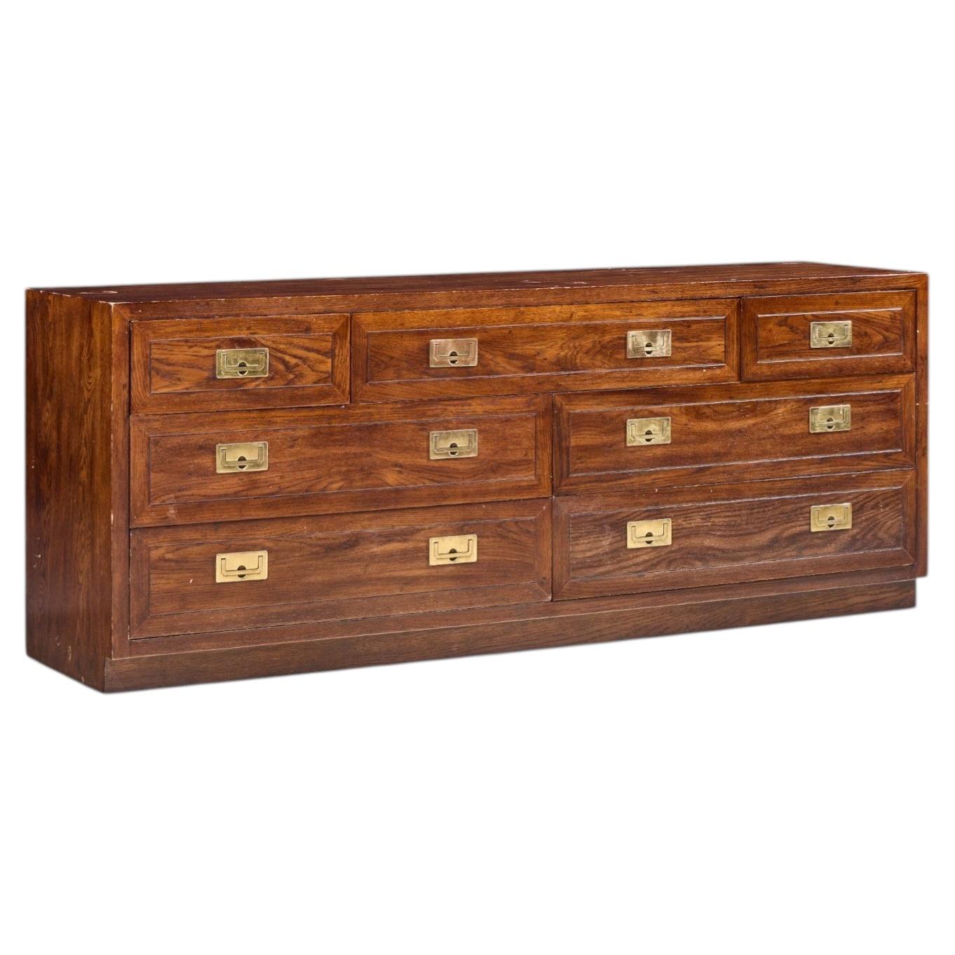 Henredon Campaign Mid Century Oak and Brass Lowboy Dresser